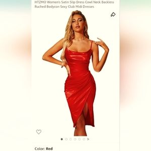 💋HTZMO NWT Satin Slip Dress Cowl Neck Backless Ruched Bodycon Sexy Club. Red!